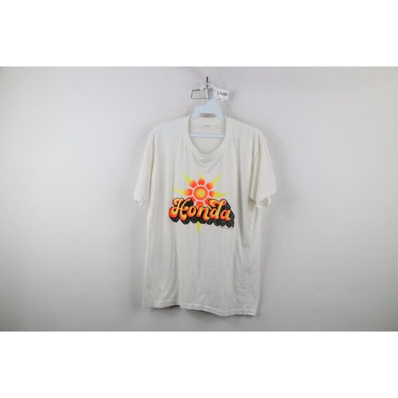 Vtg 70s Mens L Spell Out Thin Honda Motorcycle Racing Short Sleeve T-Shirt USA